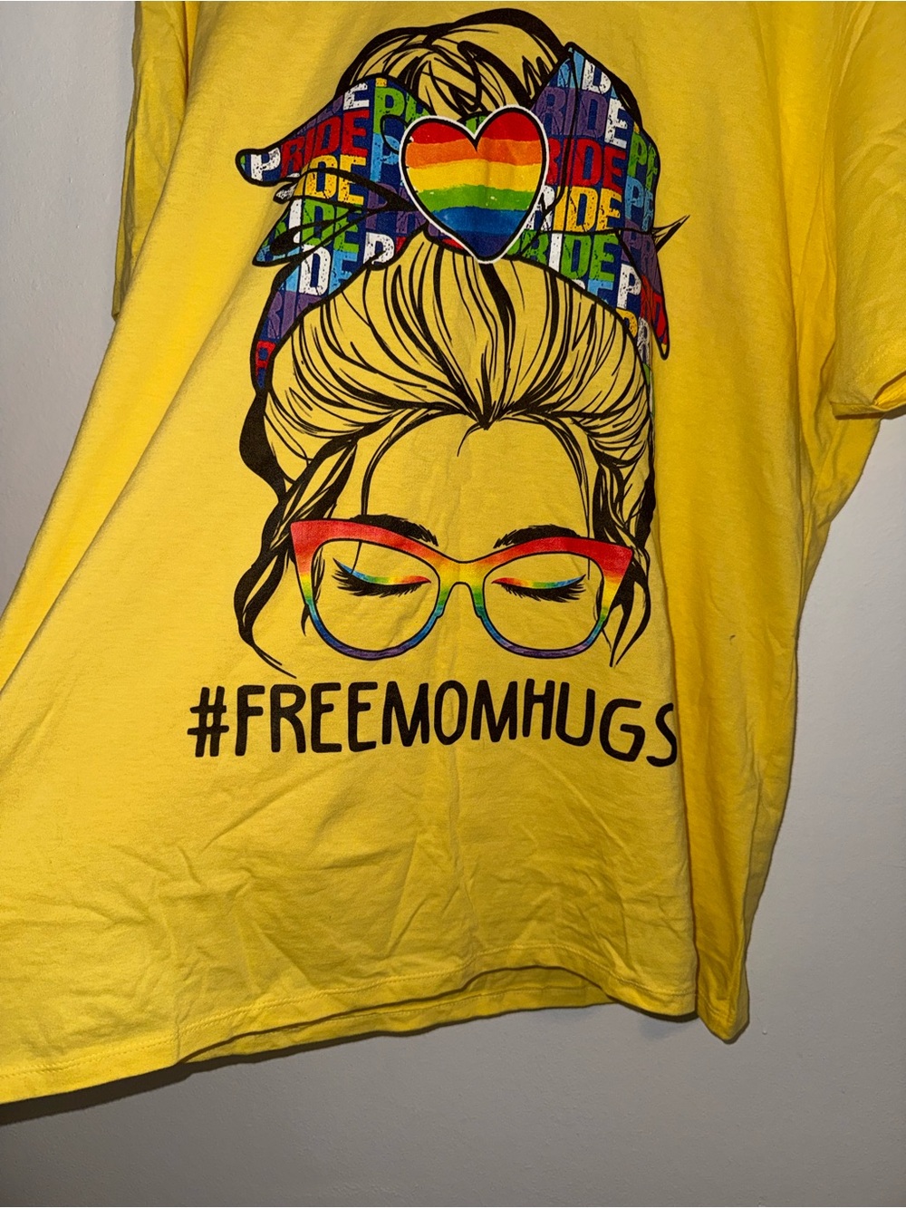 Port and Company Yellow #FREEMOMHUGS Graphic Tee with Rainbow Accents